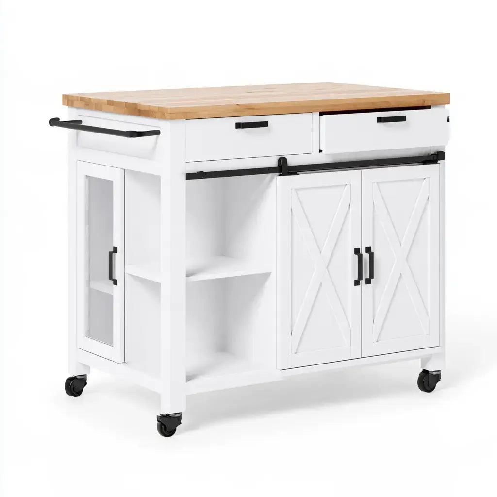 Isla de cocina con cajones y puertas cruzadas - blanco/beige