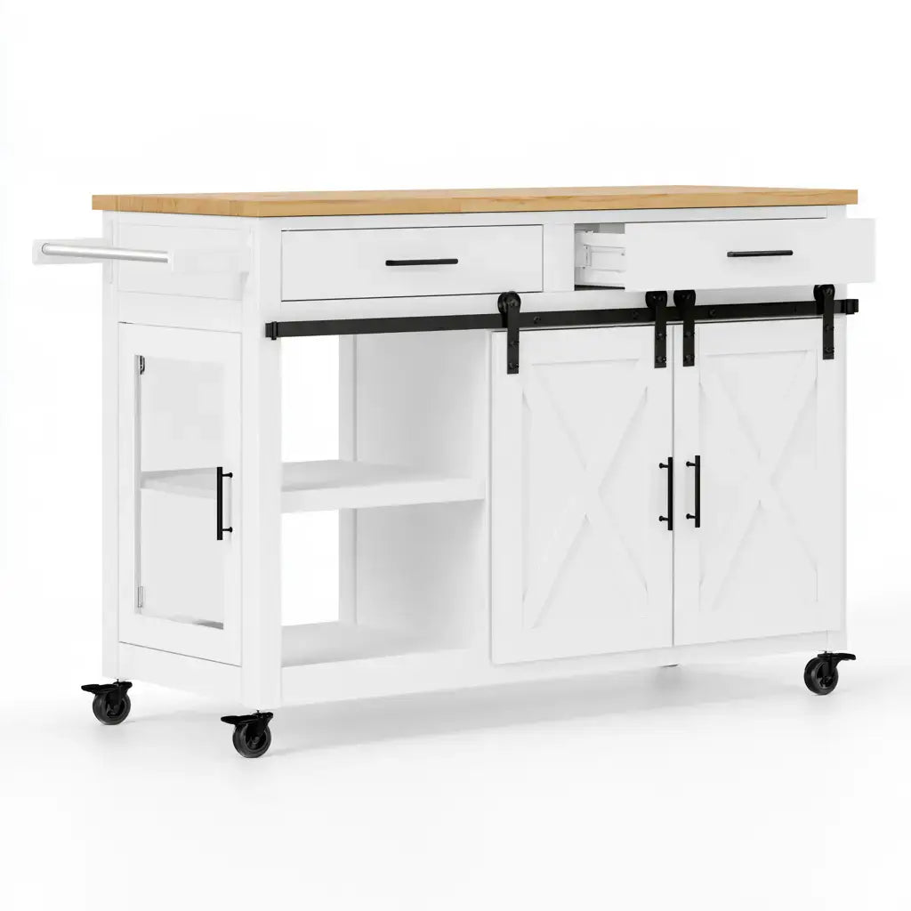 Isla de cocina con puertas correderas y estantes laterales - blanco/beige