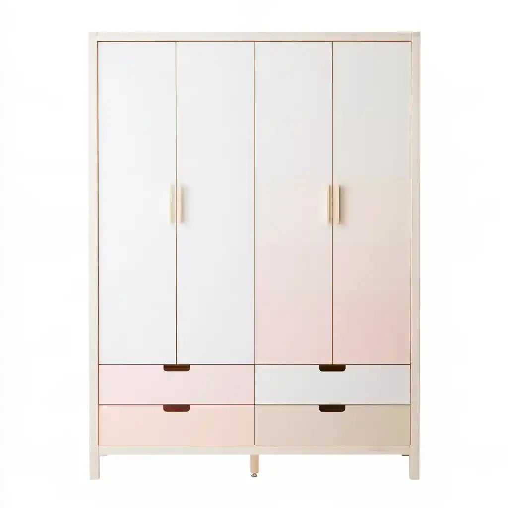Armario con puertas lisas y cajones contrastados - blanco/rosa/beige