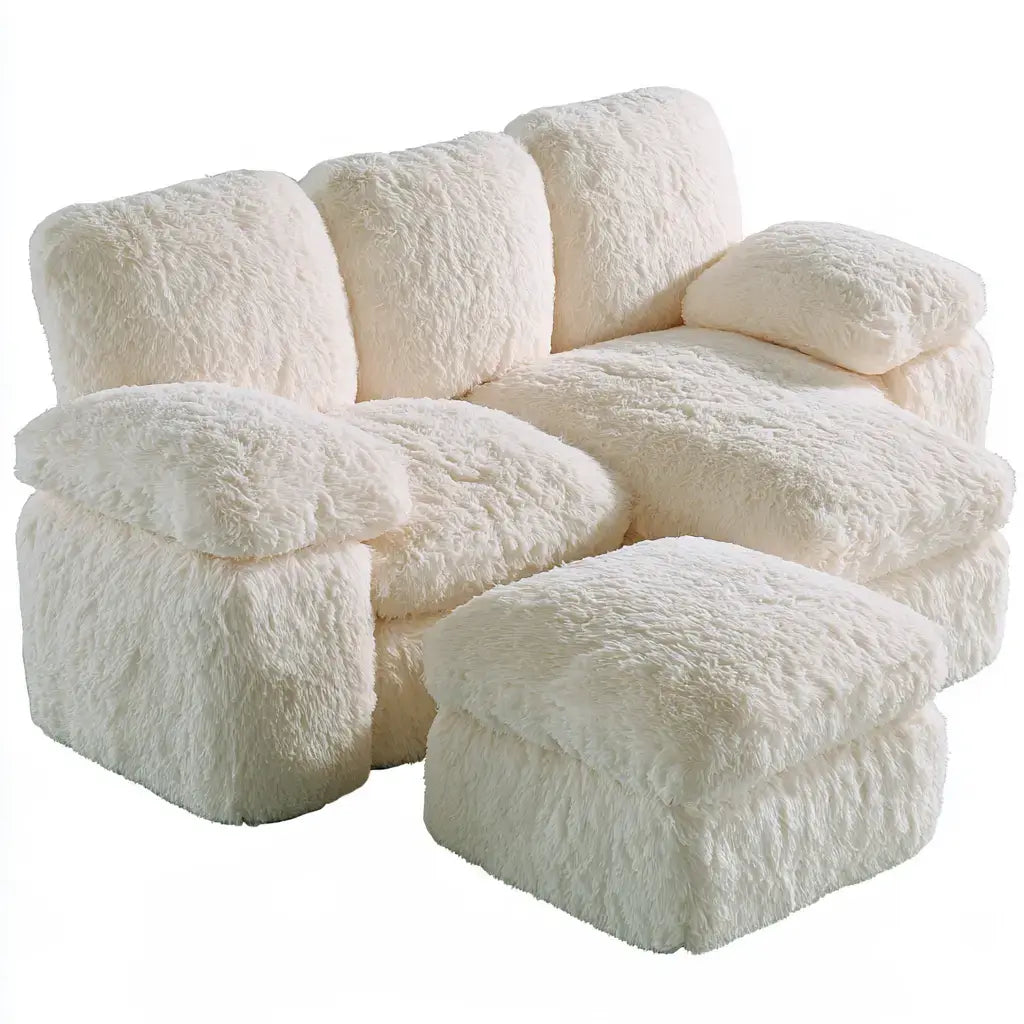 Sofá con cojines abombados y reposapiés - beige